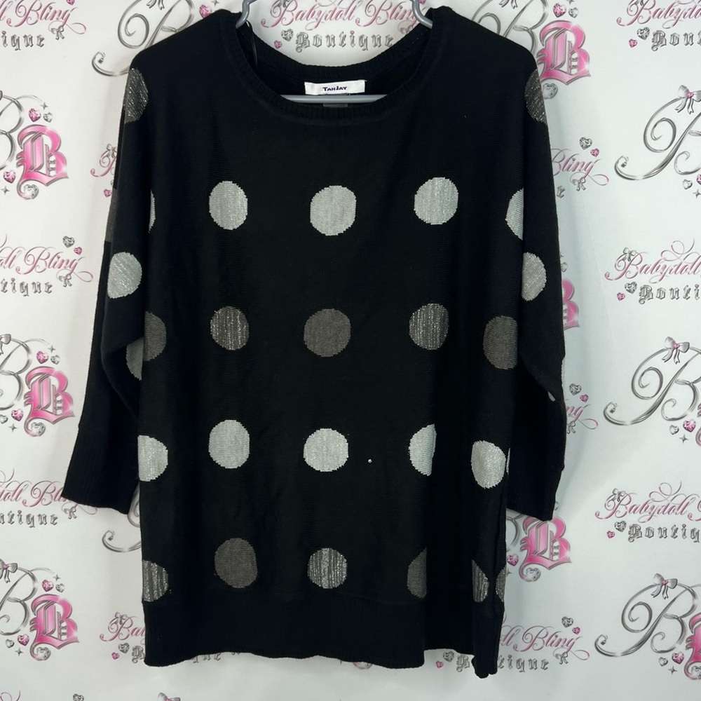 Tanjay sweater sparkly dotted pull over Black Blouse with Gray Polka Dots